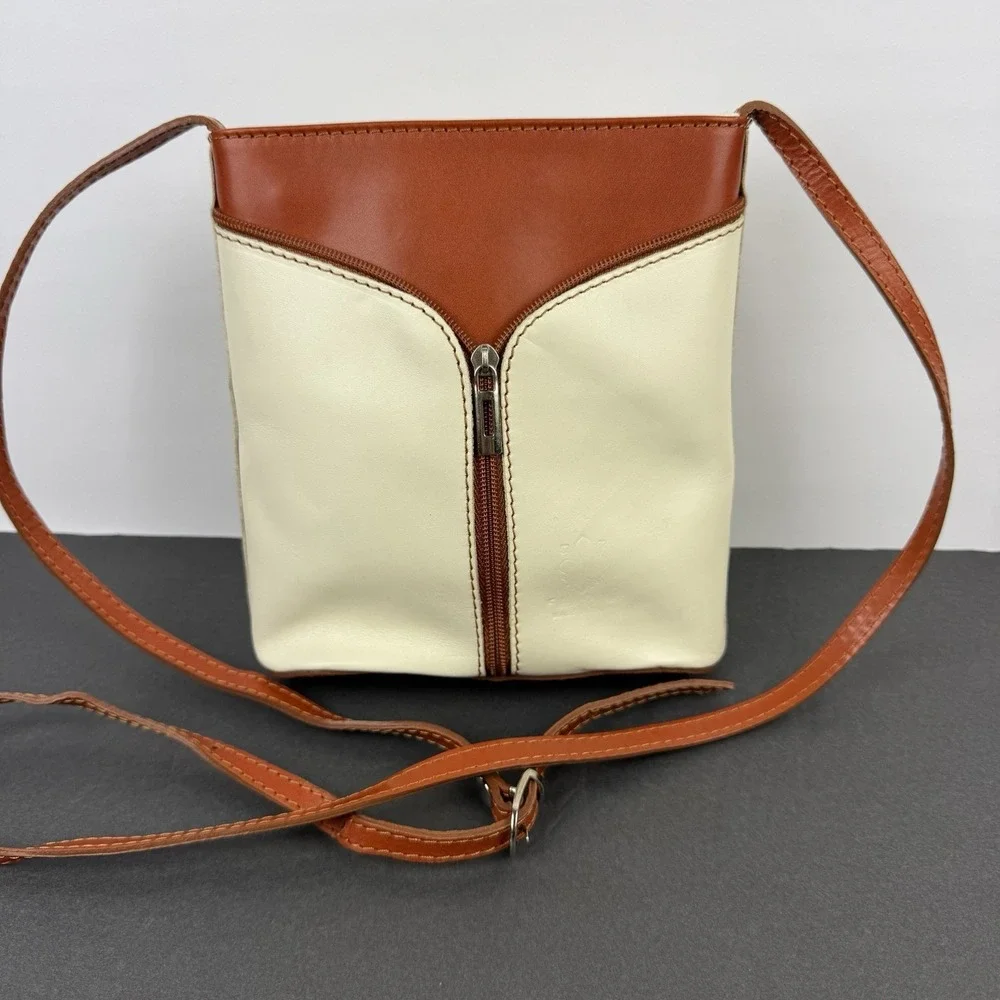 Vera Pelle Crossbody Bag Small Cognac Brown Ivory Leather Italian Made Used Once